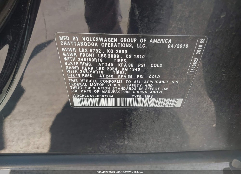 2018 VOLKSWAGEN ATLAS VIN: 1V2CR2CA2JC567294