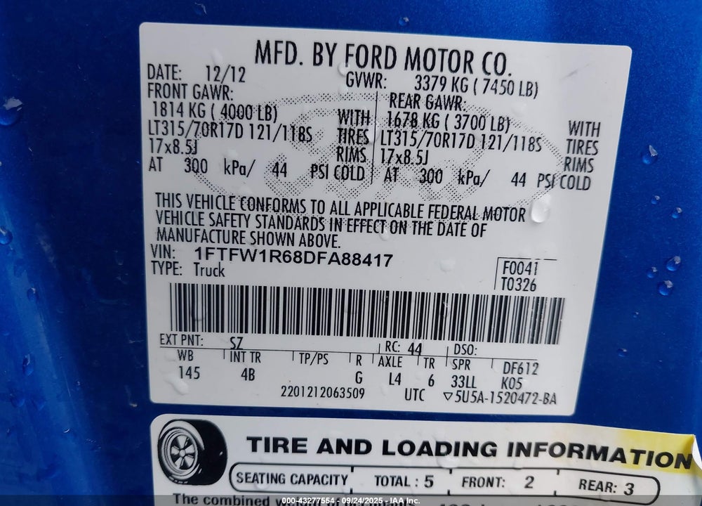 2013 FORD F-150 SVT RAPTOR VIN: 1FTFW1R68DFA88417