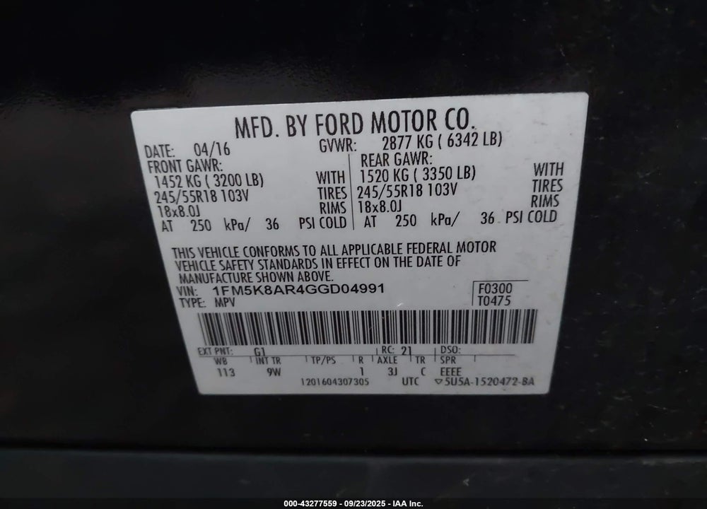 2016 FORD POLICE INTERCEPTOR VIN: 1FM5K8AR4GGD04991