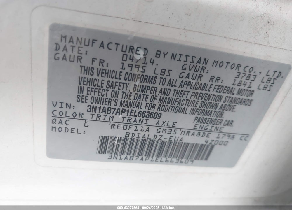 2014 NISSAN SENTRA VIN: 3N1AB7AP1EL663609