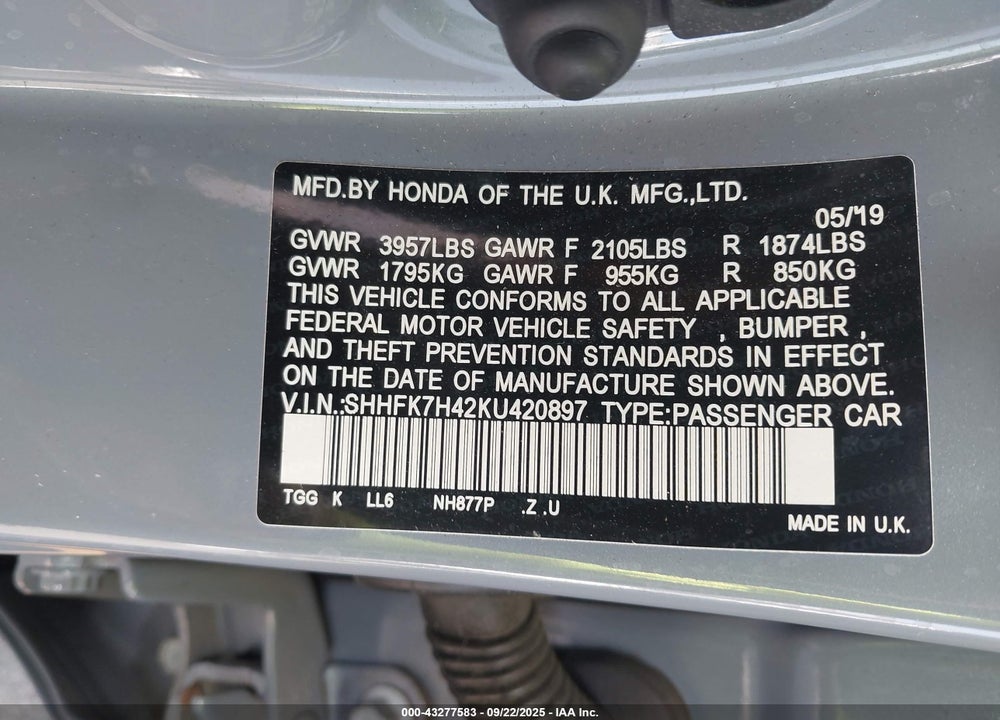 2019 HONDA CIVIC VIN: SHHFK7H42KU420897