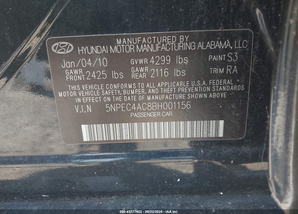 2011 HYUNDAI SONATA VIN: 5NPEC4AC8BH001156