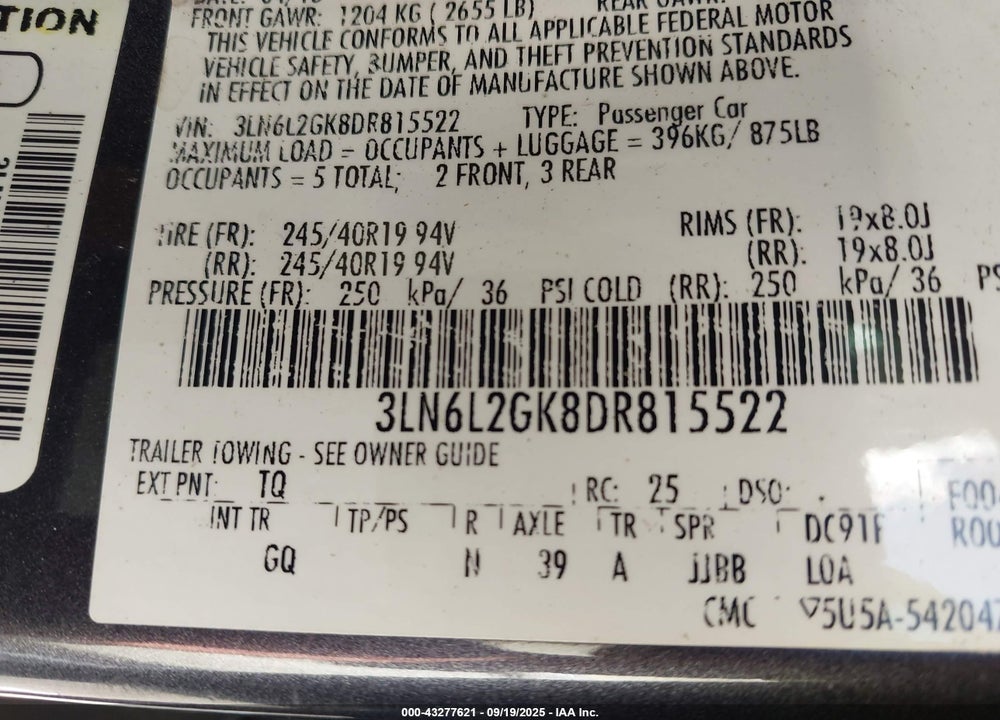 2013 LINCOLN MKZ VIN: 3LN6L2GK8DR815522