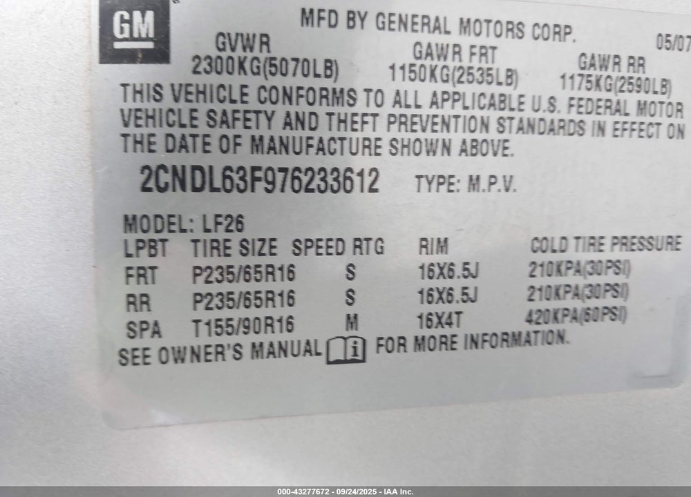 2007 CHEVROLET EQUINOX VIN: 2CNDL63F976233612
