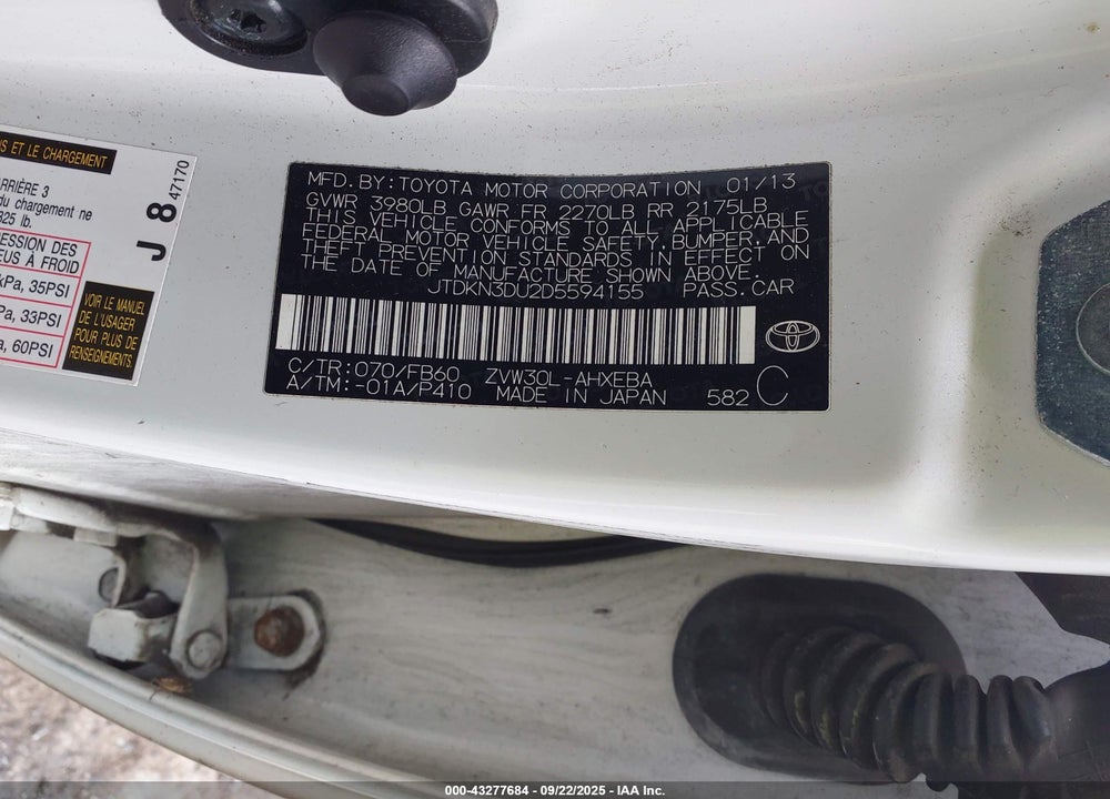 2013 TOYOTA PRIUS VIN: JTDKN3DU2D5594155