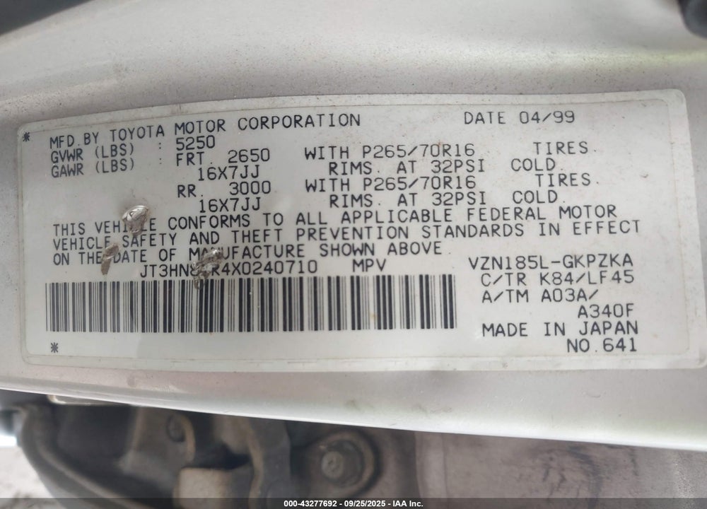 1999 TOYOTA 4RUNNER LIMITED V6 VIN: JT3HN87R4X0240710
