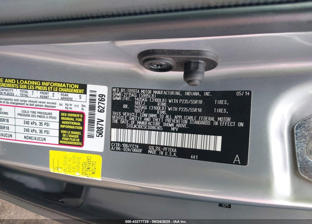 2014 TOYOTA SIENNA LE 7 PASSENGER VIN: 5TDJK3DC5ES086365