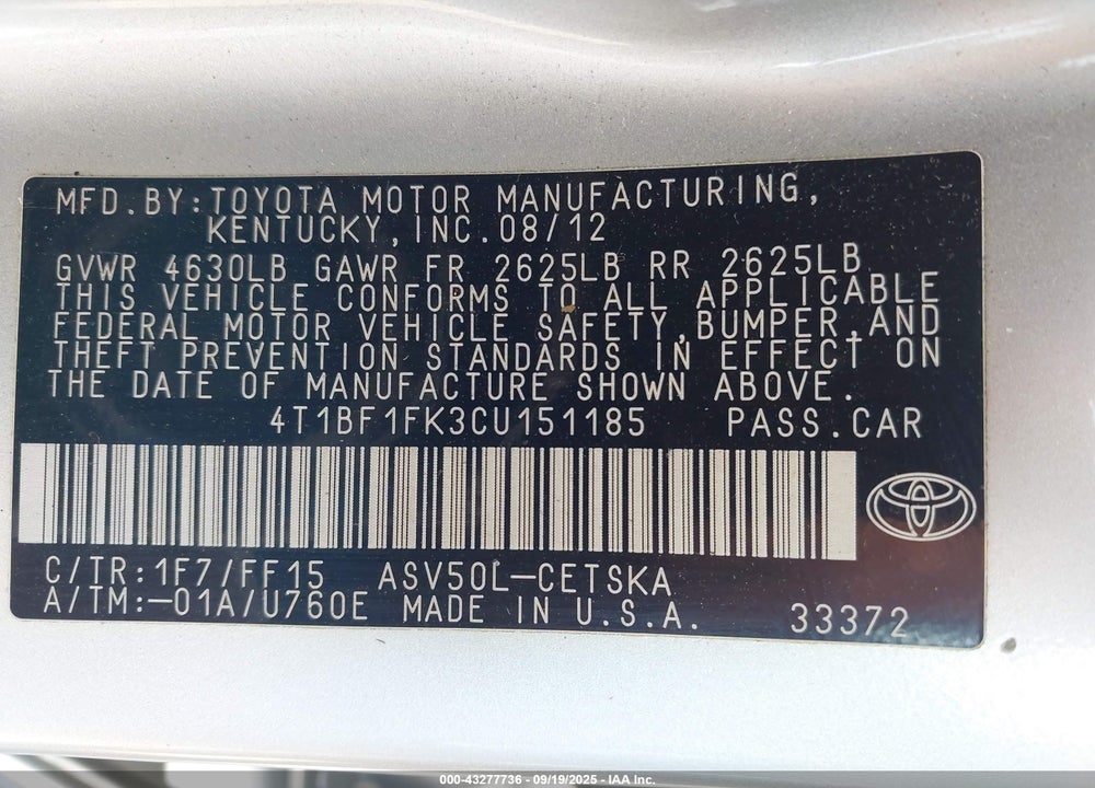 2012 TOYOTA CAMRY SE VIN: 4T1BF1FK3CU151185