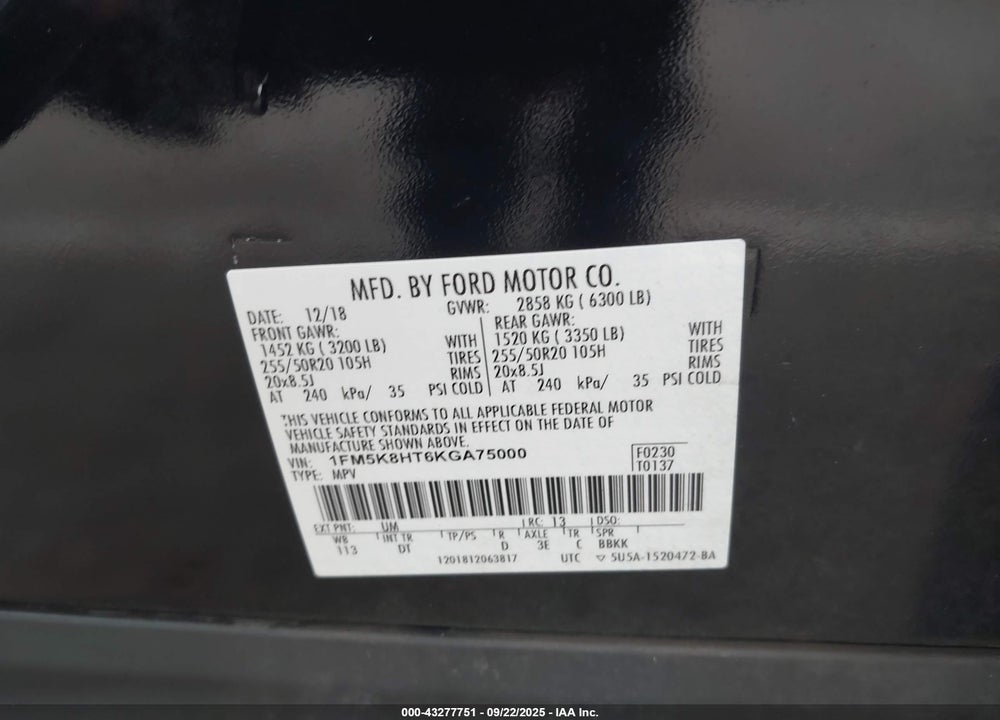 2019 FORD EXPLORER VIN: 1FM5K8HT6KGA75000