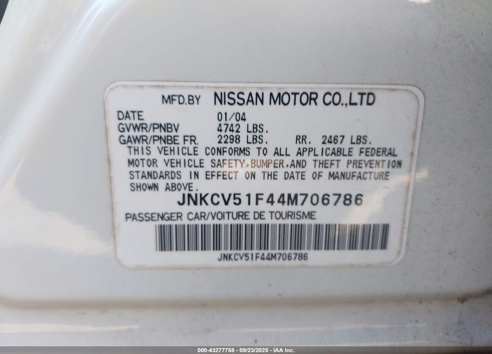 2004 INFINITI G35X VIN: JNKCV51F44M706786