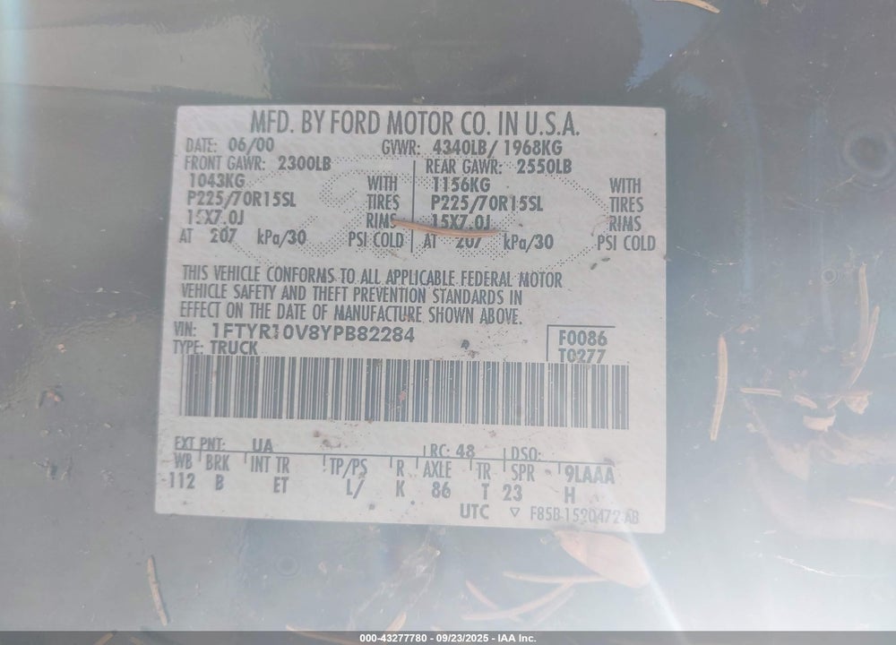 2000 FORD RANGER XL/XLT VIN: 1FTYR10V8YPB82284