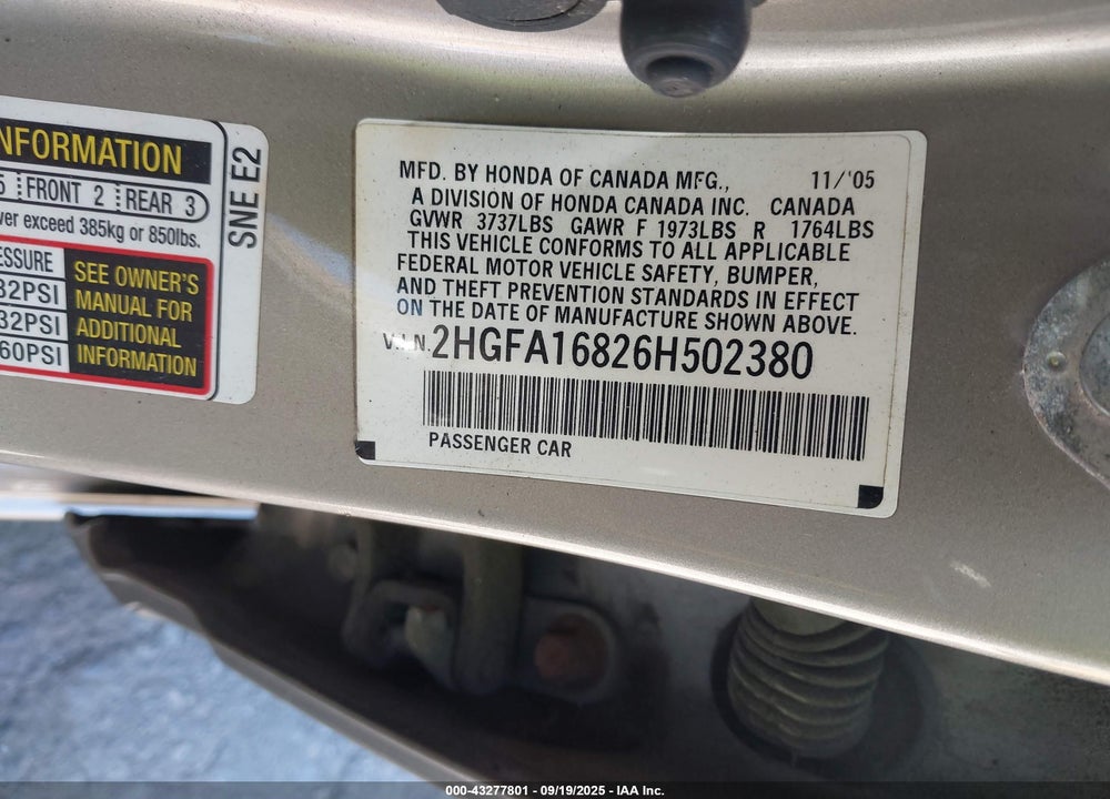 2006 HONDA CIVIC EX VIN: 2HGFA16826H502380