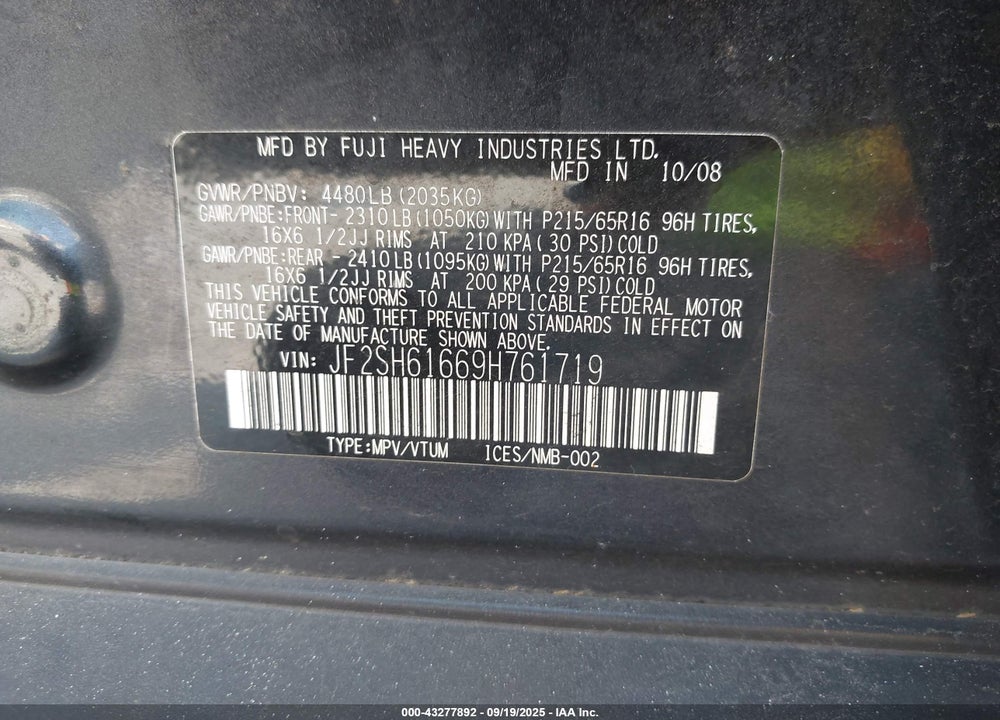 2009 SUBARU FORESTER VIN: JF2SH61669H761719