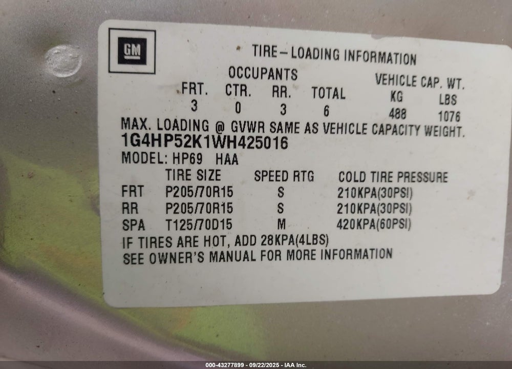 1998 BUICK LESABRE CUSTOM VIN: 1G4HP52K1WH425016