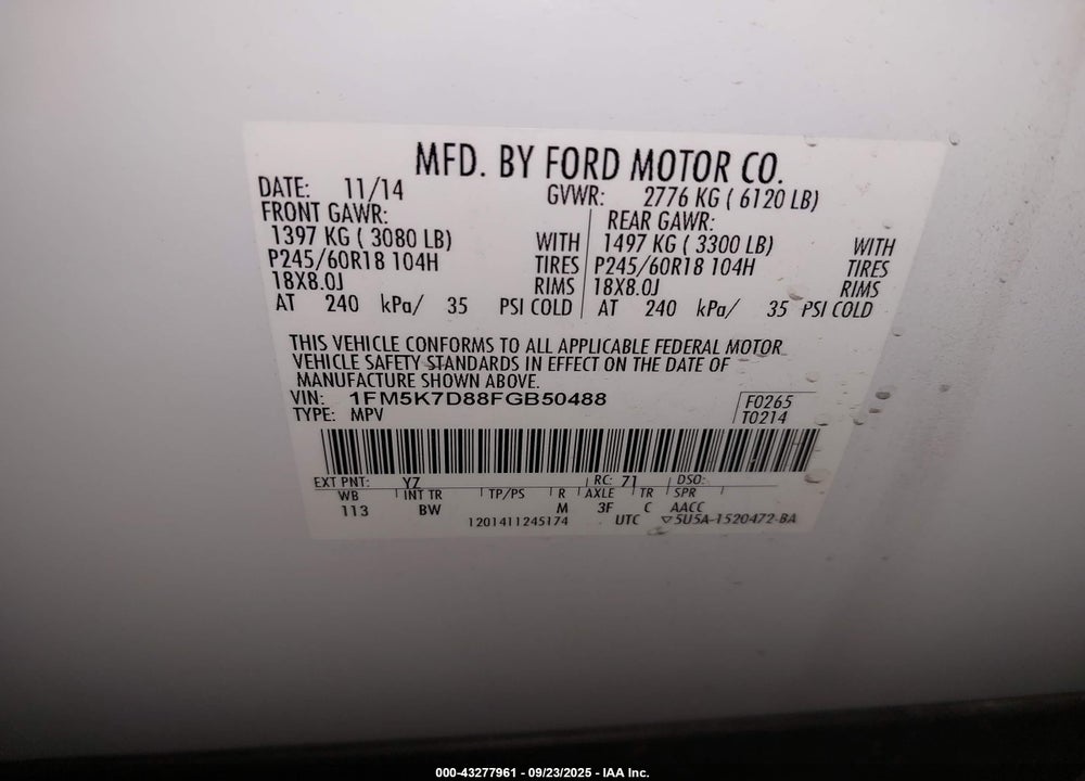 2015 FORD EXPLORER VIN: 1FM5K7D88FGB50488