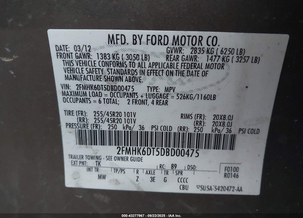 2013 FORD FLEX LIMITED VIN: 2FMHK6DT5DBD00475