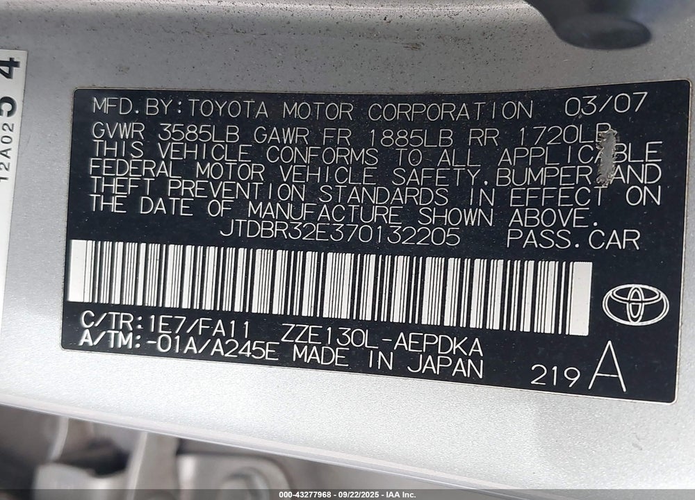 2007 TOYOTA COROLLA CE VIN: JTDBR32E370132205
