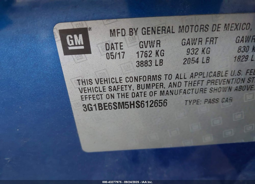2017 CHEVROLET CRUZE VIN: 3G1BE6SM5HS612656