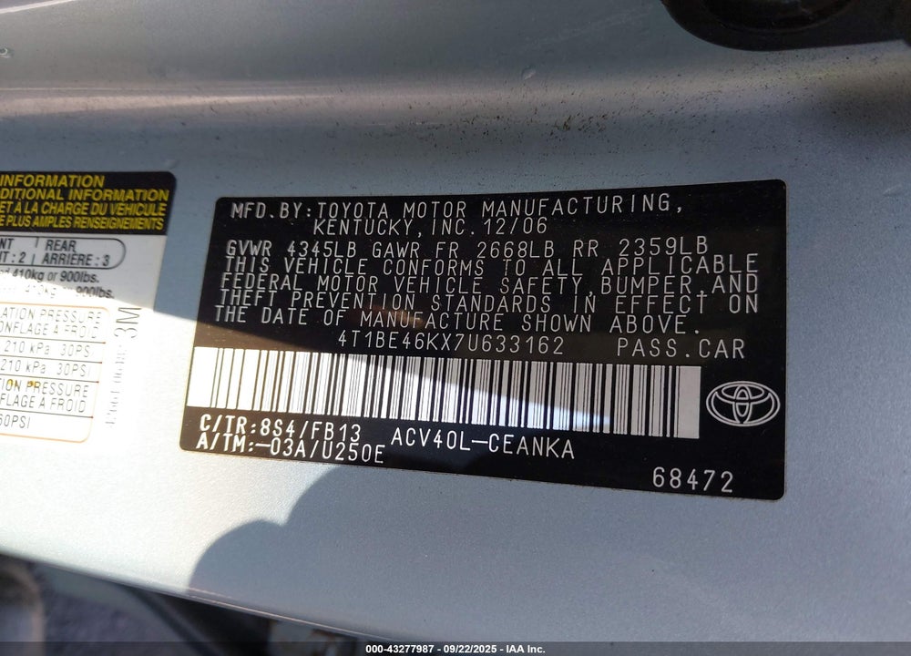 2007 TOYOTA CAMRY VIN: 4T1BE46KX7U633162