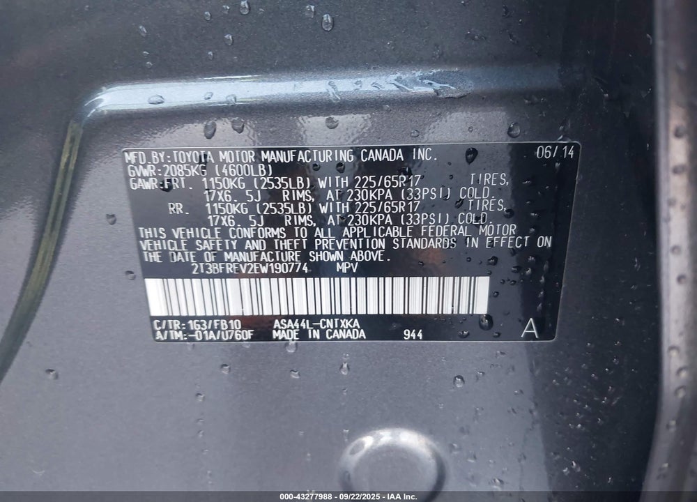 2014 TOYOTA RAV4 VIN: 2T3BFREV2EW190774