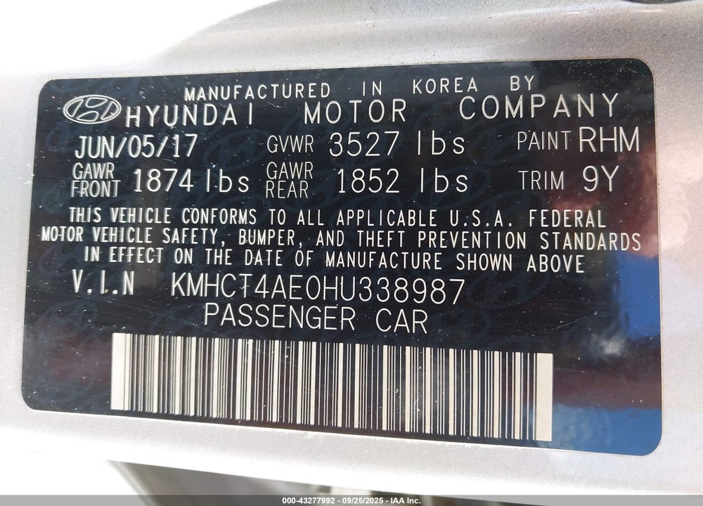 2017 HYUNDAI ACCENT VALUE EDITION VIN: KMHCT4AE0HU338987