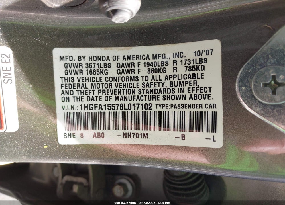 2008 HONDA CIVIC LX VIN: 1HGFA15578L017102