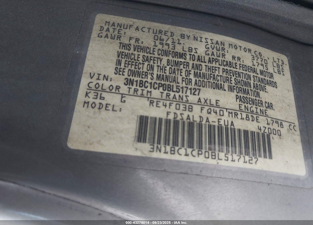 2011 NISSAN VERSA VIN: 3N1BC1CP0BL517127
