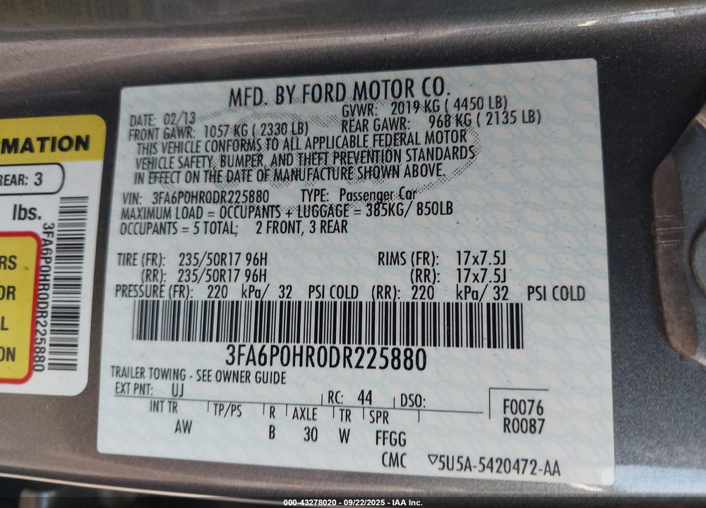 2013 FORD FUSION VIN: 3FA6P0HR0DR225880