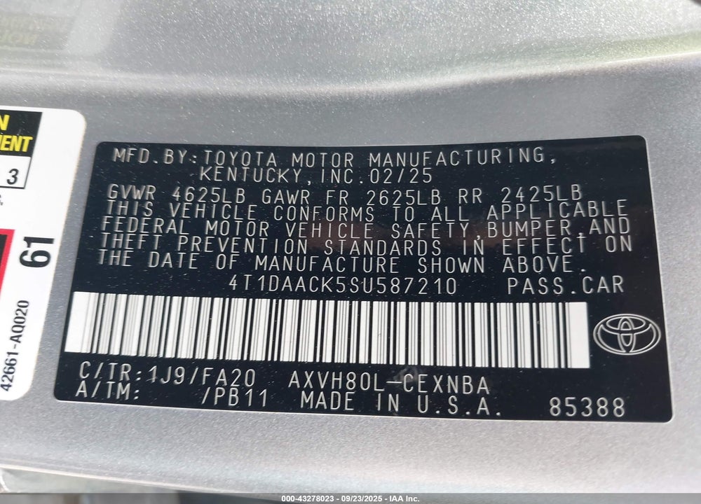 2025 TOYOTA CAMRY VIN: 4T1DAACK5SU587210