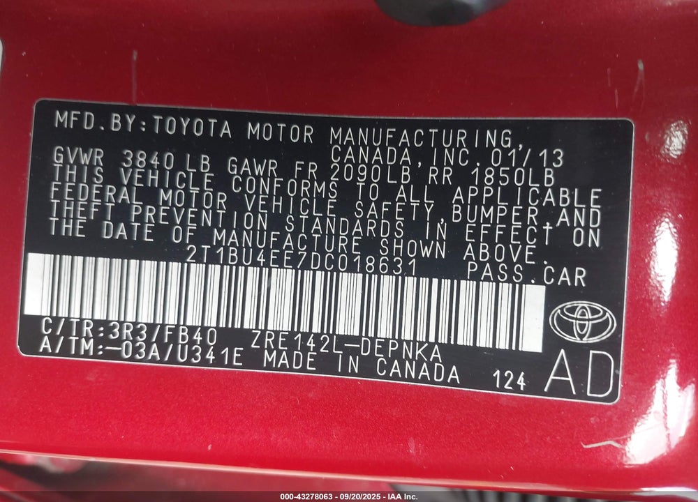 2013 TOYOTA COROLLA VIN: 2T1BU4EE7DC018631