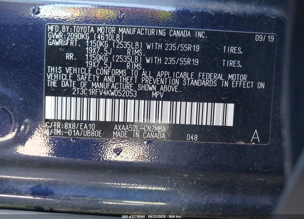 2019 TOYOTA RAV4 VIN: 2T3C1RFV4KW052053