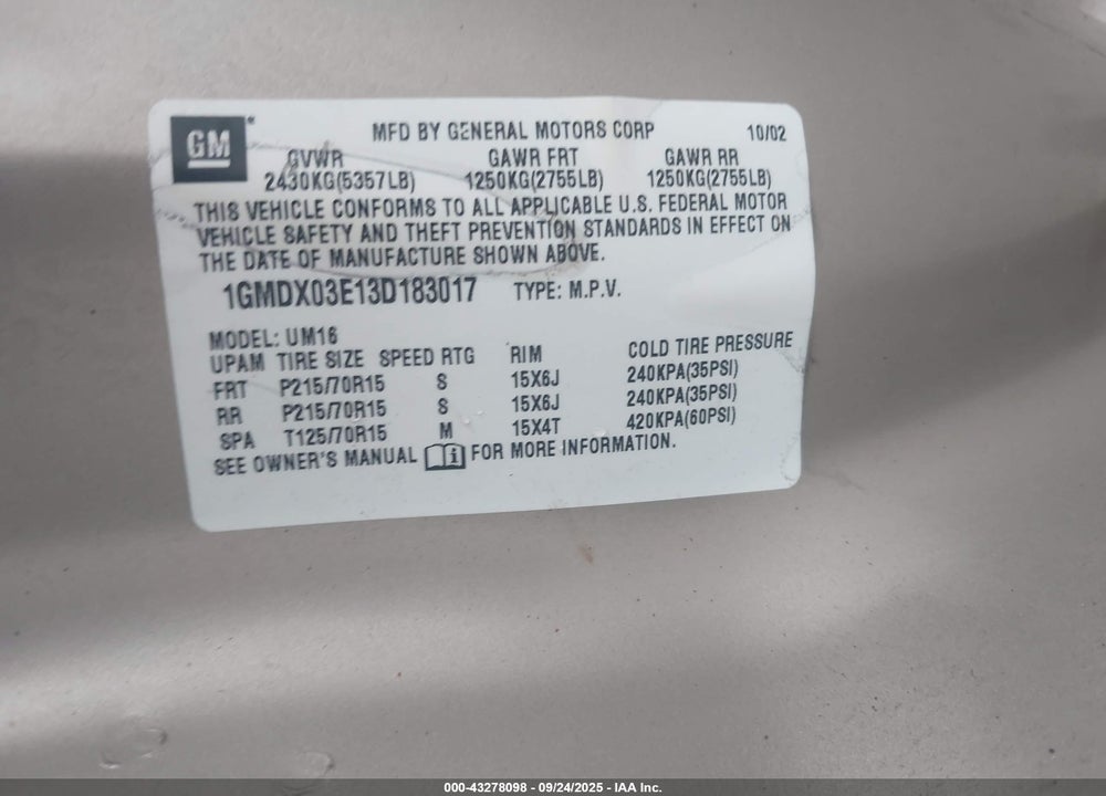 2003 PONTIAC MONTANA M16 W/1SA PKG. VIN: 1GMDX03E13D183017