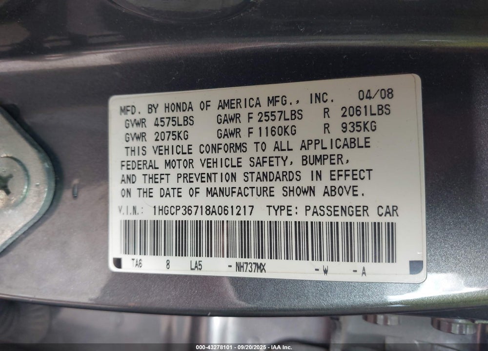 2008 HONDA ACCORD 3.5 EX VIN: 1HGCP36718A061217