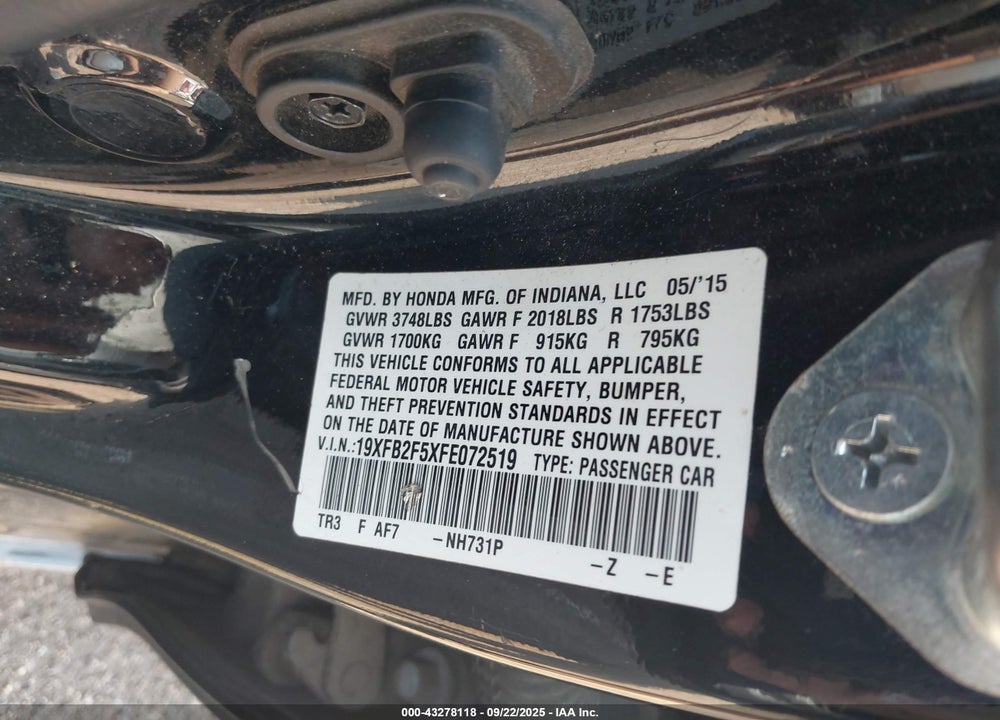 2015 HONDA CIVIC VIN: 19XFB2F5XFE072519