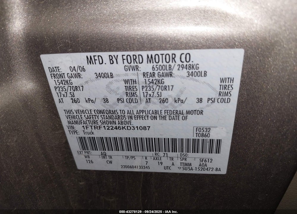 2006 FORD F-150 STX/XL/XLT VIN: 1FTRF12246KD31087