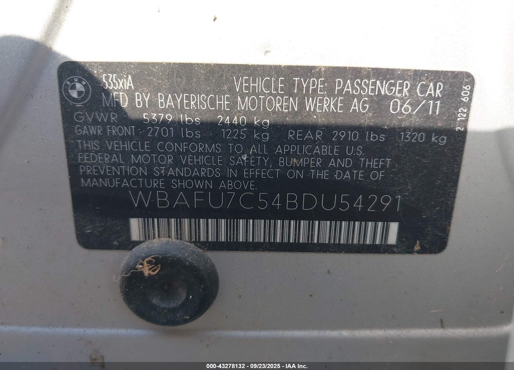2011 BMW 5 SERIES VIN: WBAFU7C54BDU54291