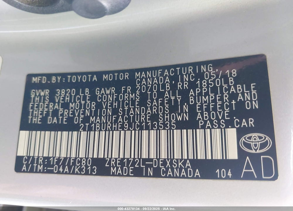 2018 TOYOTA COROLLA VIN: 2T1BURHE9JC113535