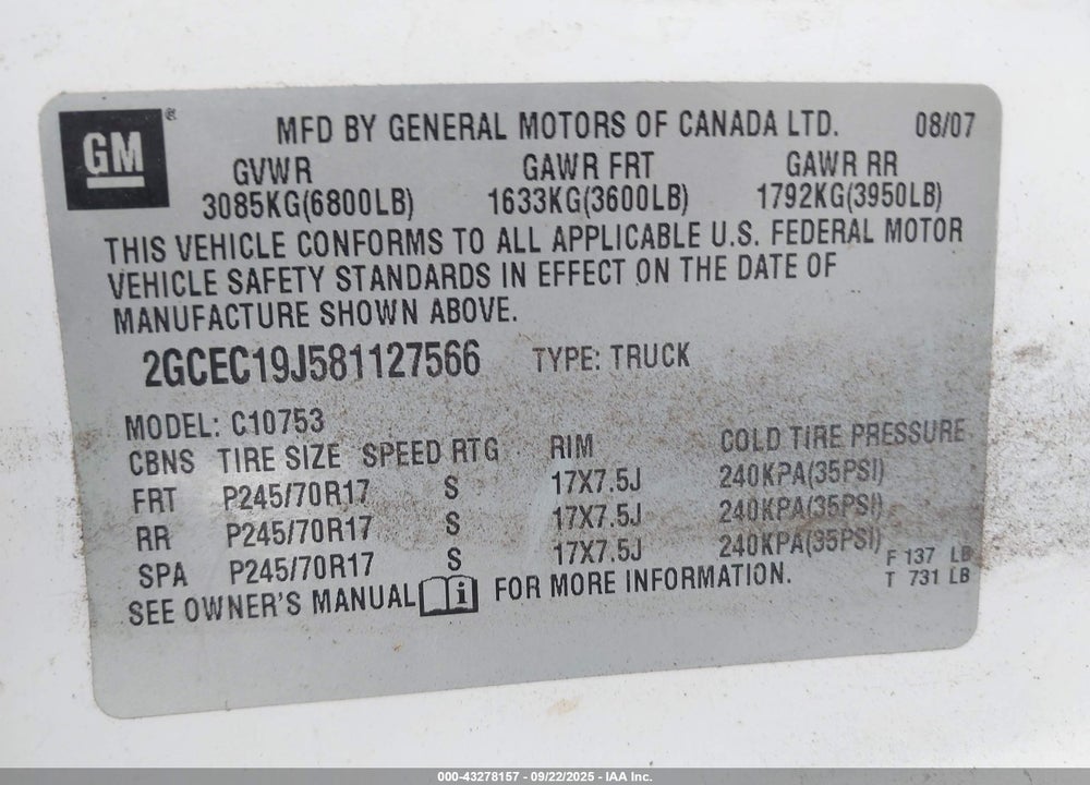 2008 CHEVROLET SILVERADO 1500 VIN: 2GCEC19J581127566