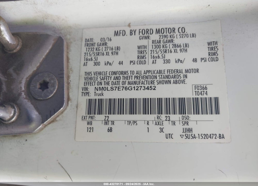 2016 FORD TRANSIT CONNECT XL VIN: NM0LS7E76G1273452