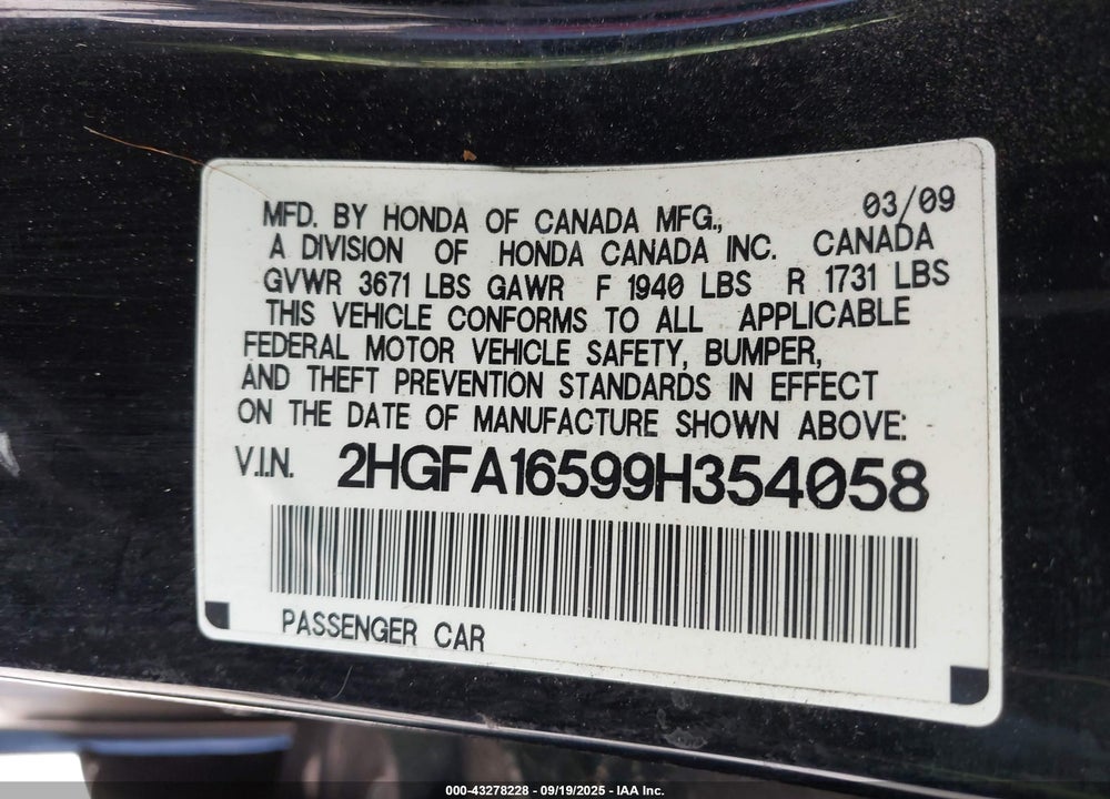 2009 HONDA CIVIC VIN: 2HGFA16599H354058