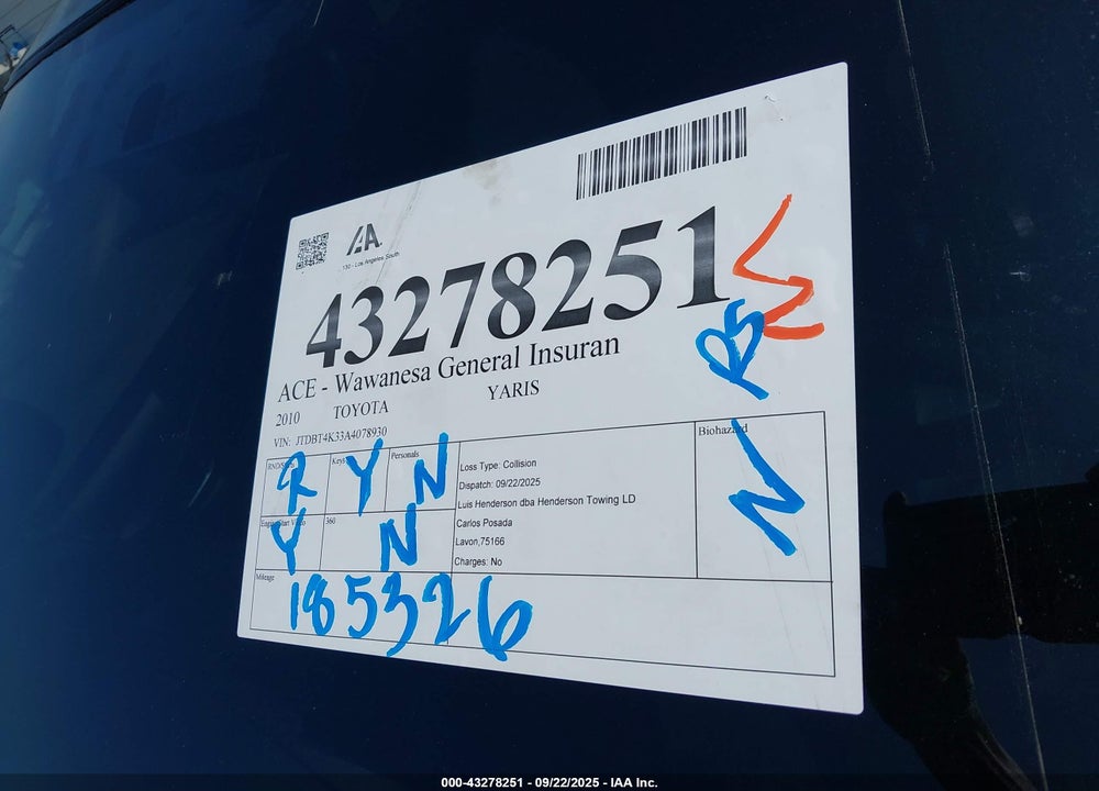 2010 TOYOTA YARIS VIN: JTDBT4K33A4078930