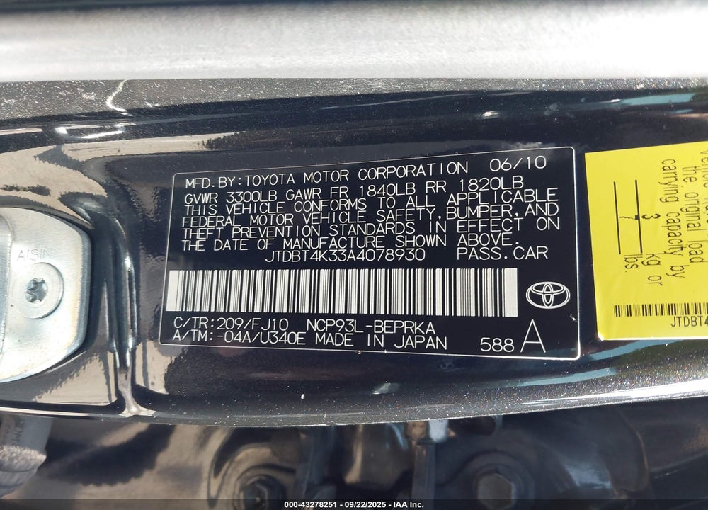 2010 TOYOTA YARIS VIN: JTDBT4K33A4078930