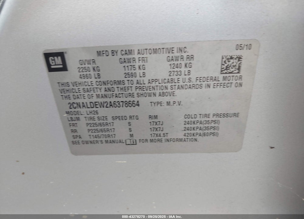 2010 CHEVROLET EQUINOX VIN: 2CNALDEW2A6378664