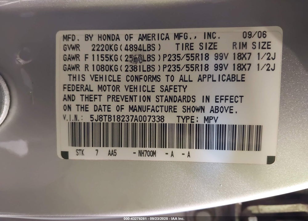 2007 ACURA RDX VIN: 5J8TB18237A007338