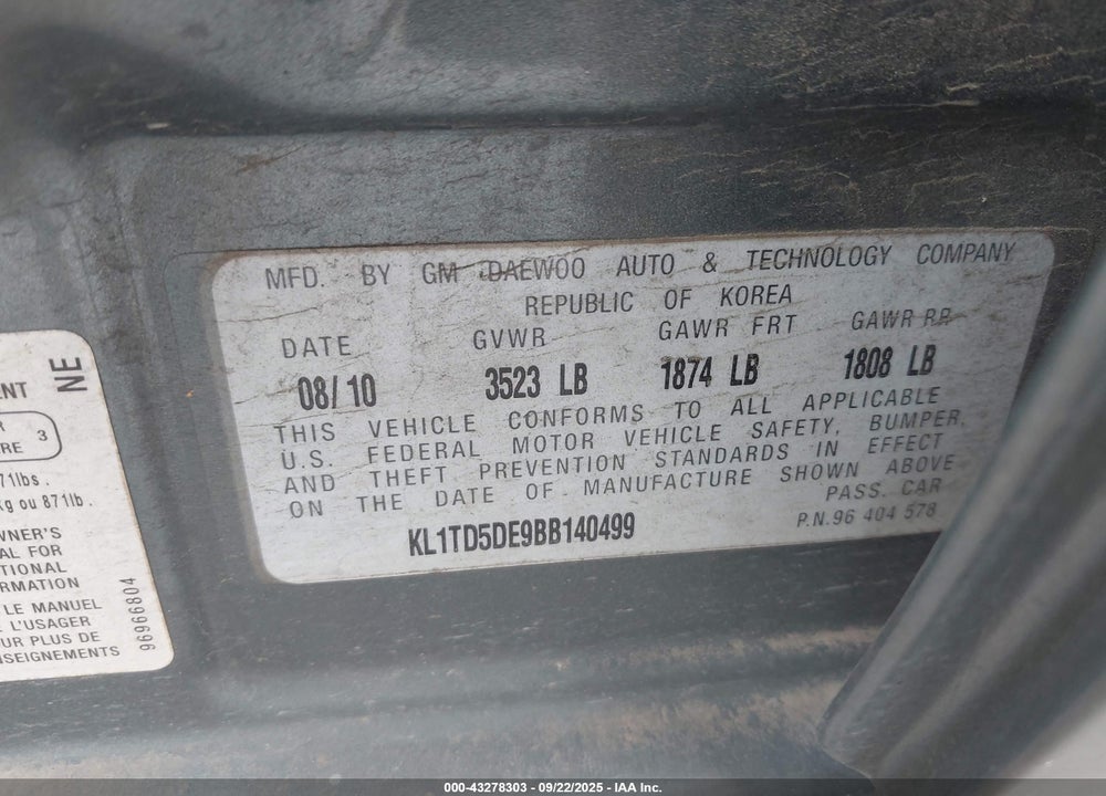 2011 CHEVROLET AVEO VIN: KL1TD5DE9BB140499