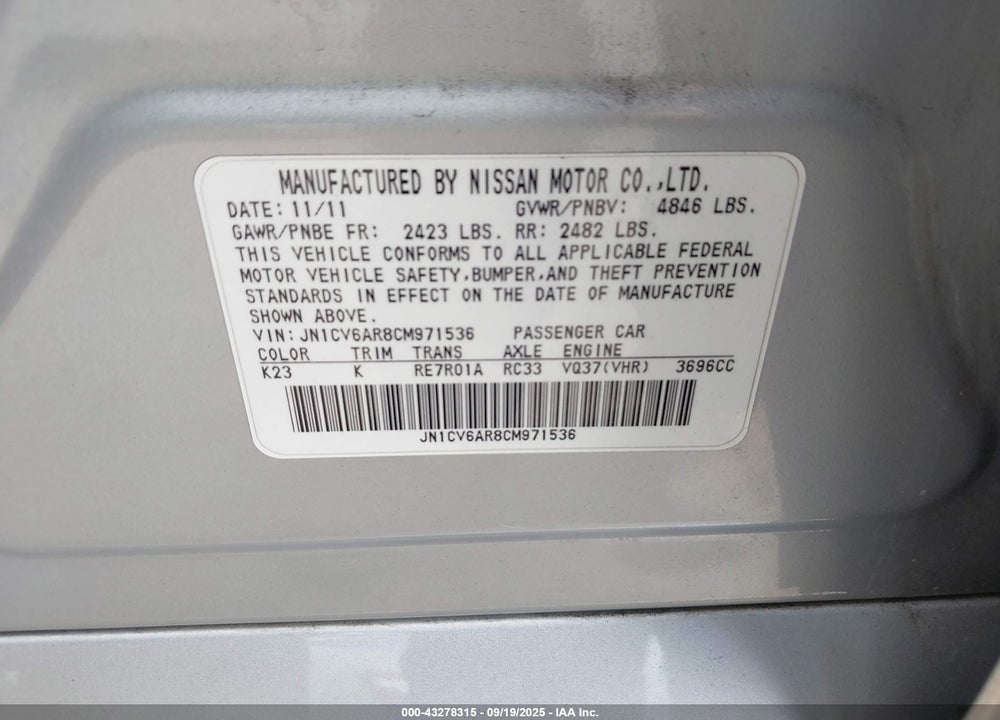 2012 INFINITI G37 VIN: JN1CV6AR8CM971536