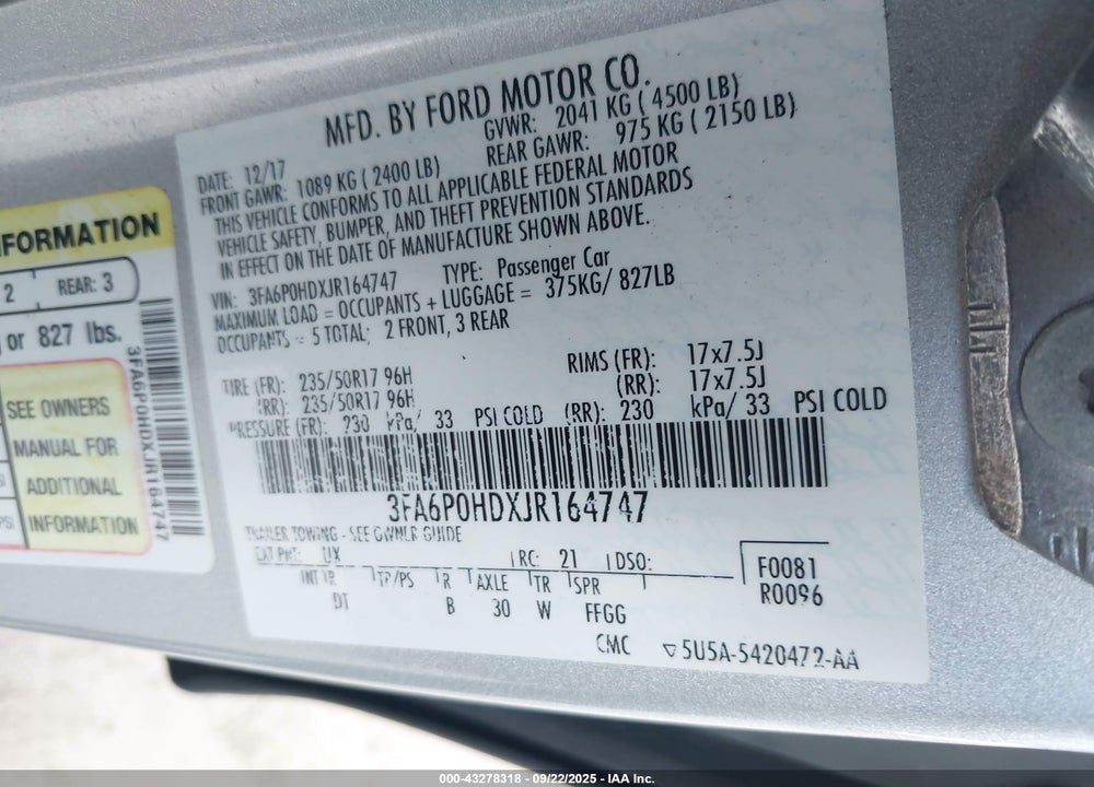 2018 FORD FUSION VIN: 3FA6P0HDXJR164747