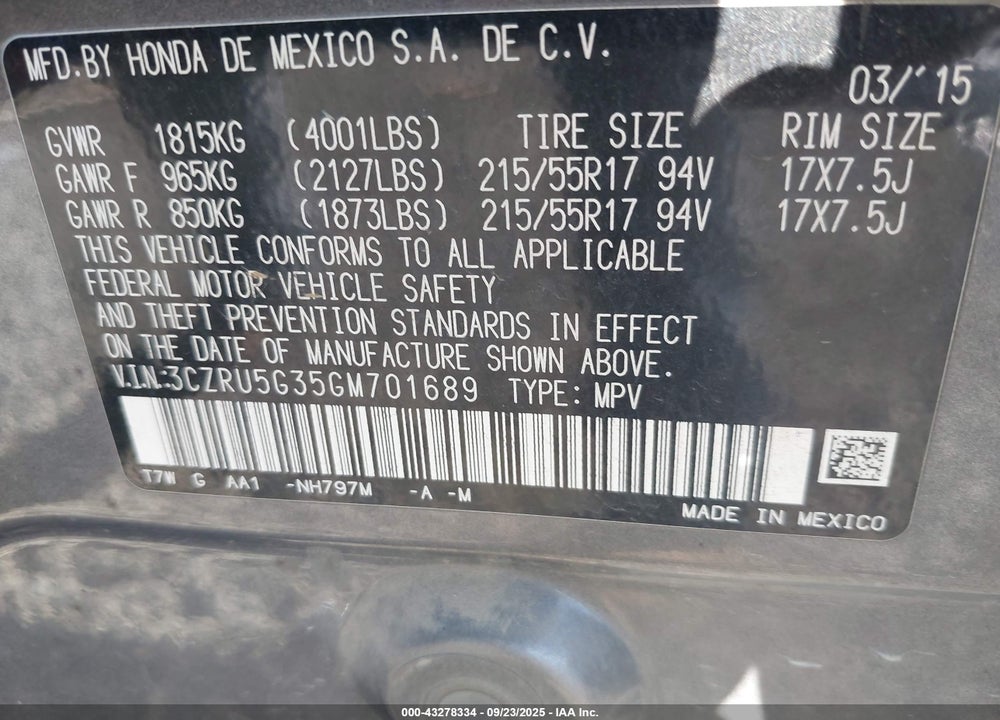 2016 HONDA HR-V VIN: 3CZRU5G35GM701689