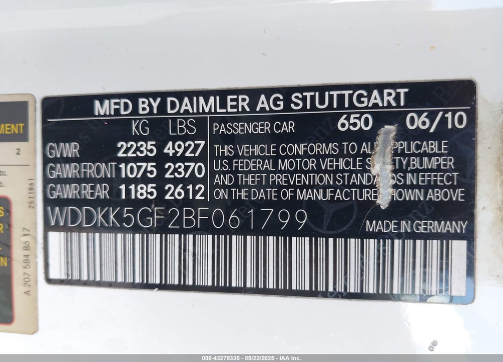 2011 MERCEDES-BENZ E-CLASS VIN: WDDKK5GF2BF061799