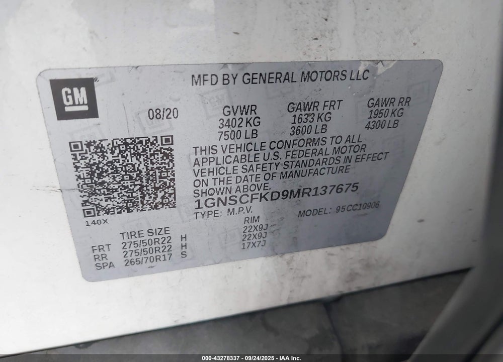 2021 CHEVROLET SUBURBAN VIN: 1GNSCFKD9MR137675